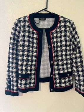 Smart & Sleek Black & White Houndstooth Jacket with Red Trim size M/L